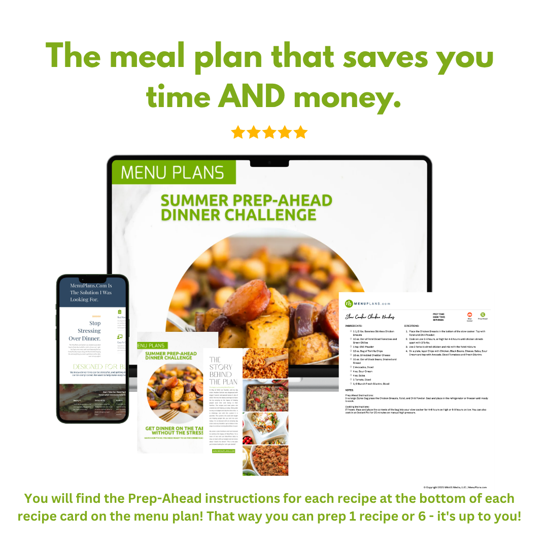 Summer Prep-Ahead Dinner Challenge menu plan on tablet, phone, and printed cards